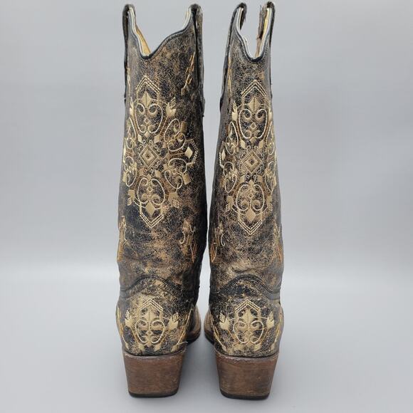 Corral Circle G Women's Black Crackle/Bone Embroidery Snip Toe Leather Boots 9M - Picture 13 of 16